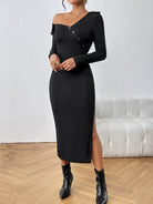 Asymmetrical Neck Long Sleeve Slit Dress - Guy Christopher