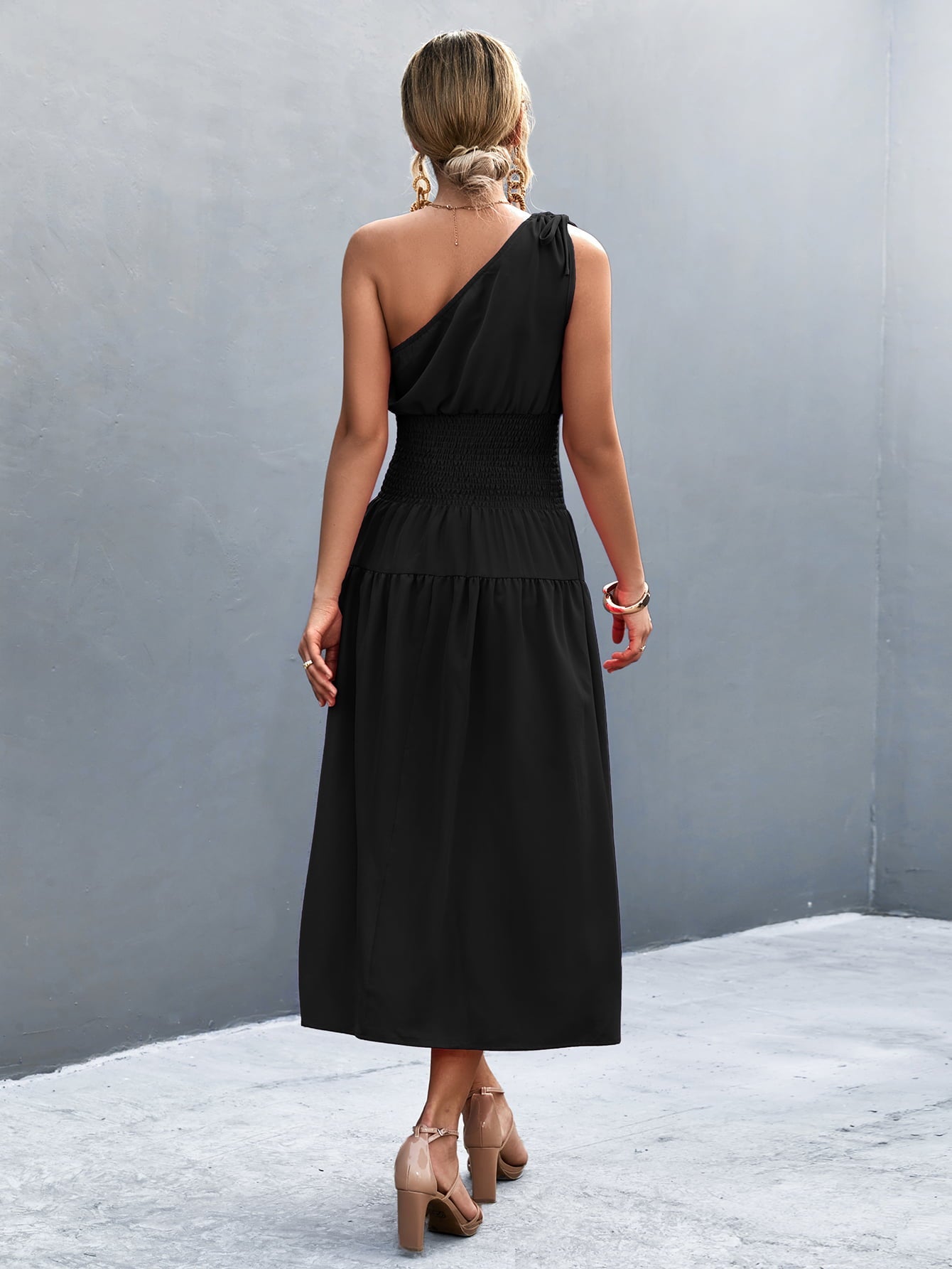 Asymmetrical One Shoulder Smocked Waist Midi Dress - Guy Christopher 