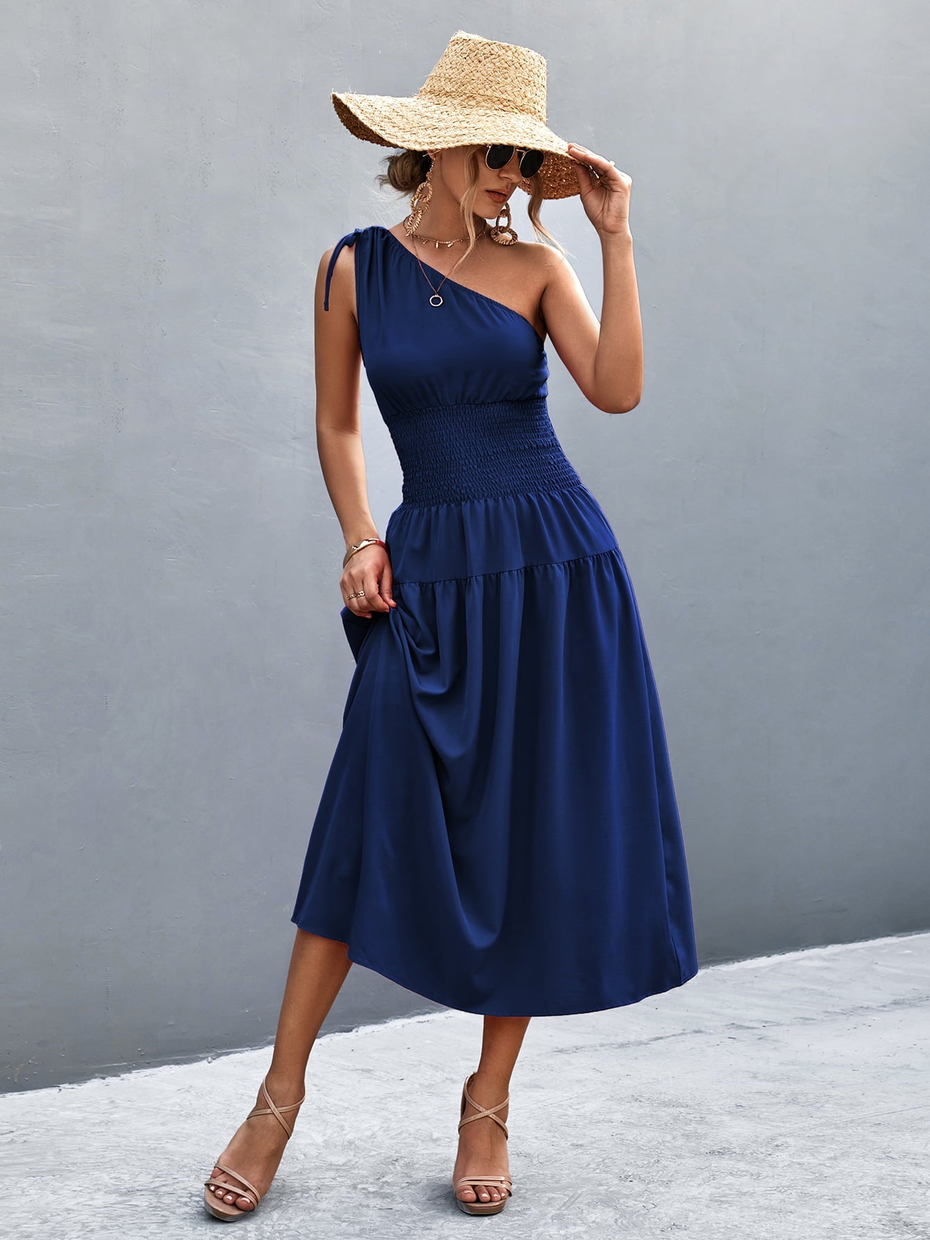 Asymmetrical One Shoulder Smocked Waist Midi Dress - Guy Christopher 