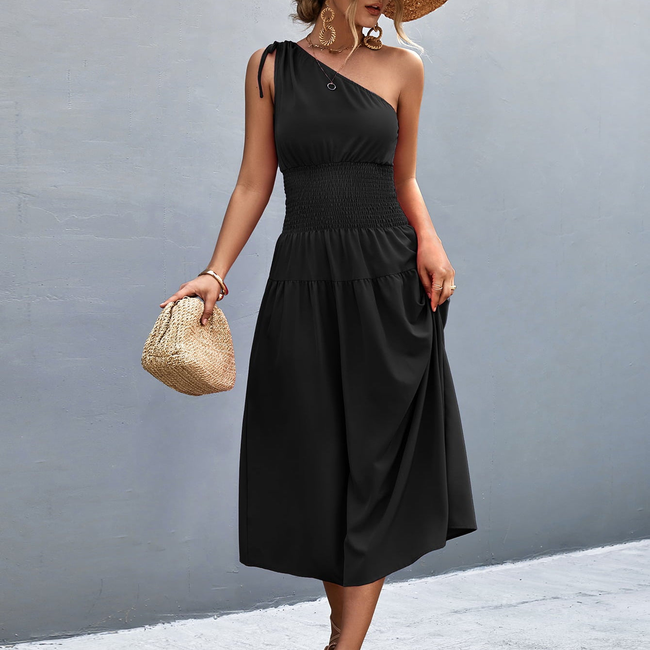 Asymmetrical One Shoulder Smocked Waist Midi Dress - Guy Christopher 