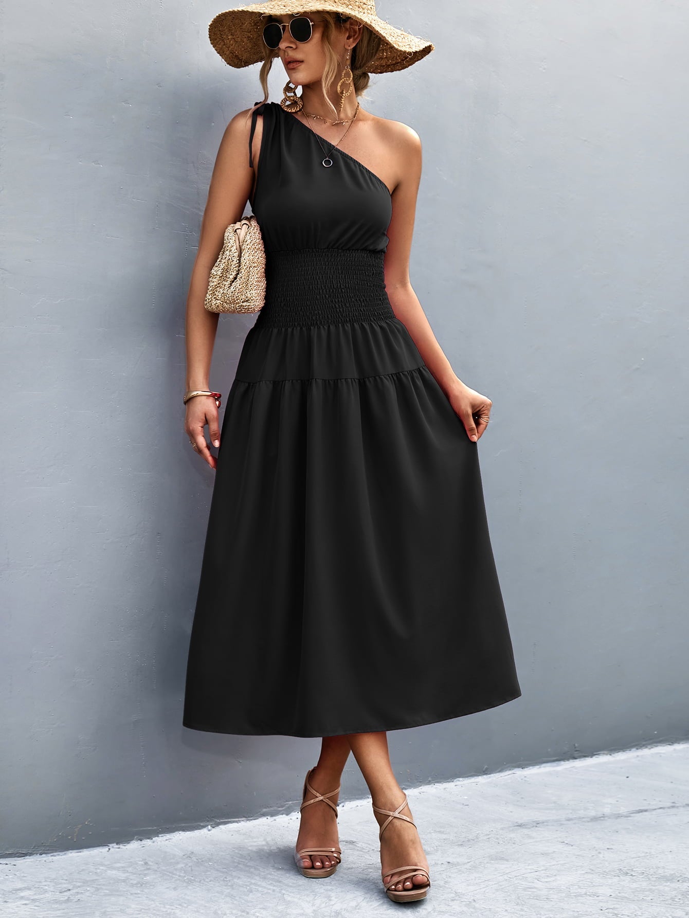 Asymmetrical One Shoulder Smocked Waist Midi Dress - Guy Christopher 