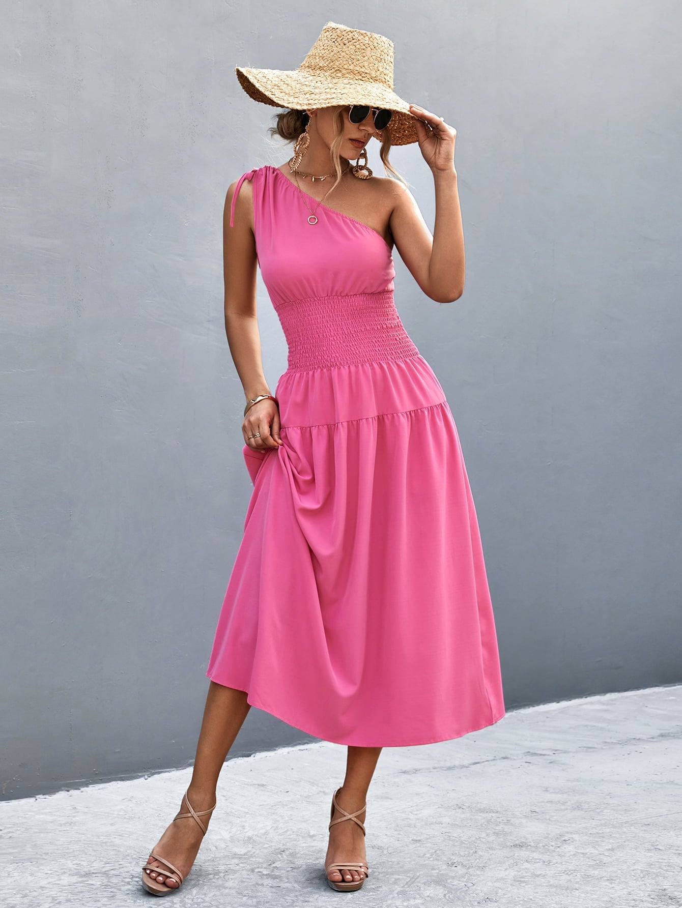 Asymmetrical One Shoulder Smocked Waist Midi Dress - Guy Christopher 