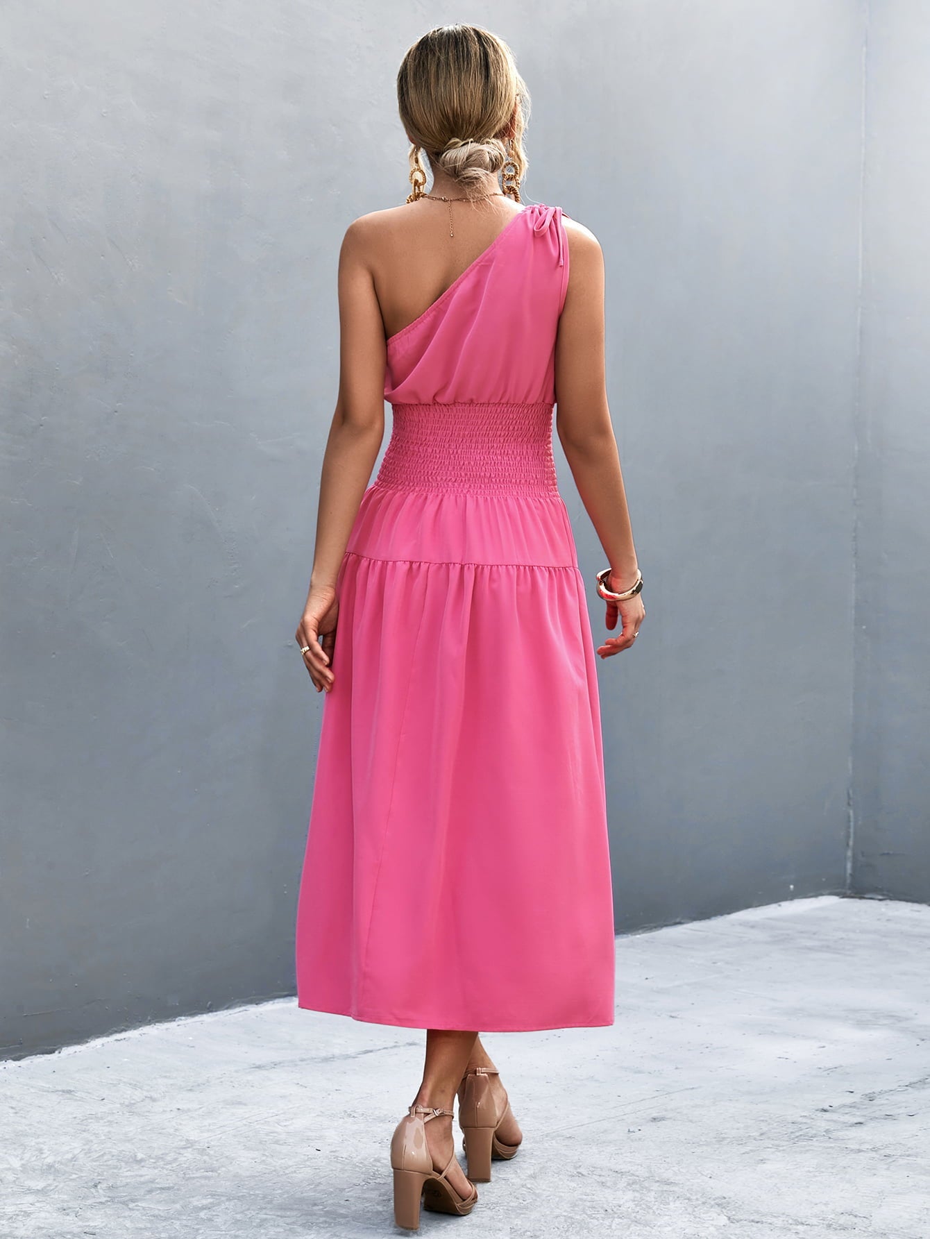 Asymmetrical One Shoulder Smocked Waist Midi Dress - Guy Christopher 