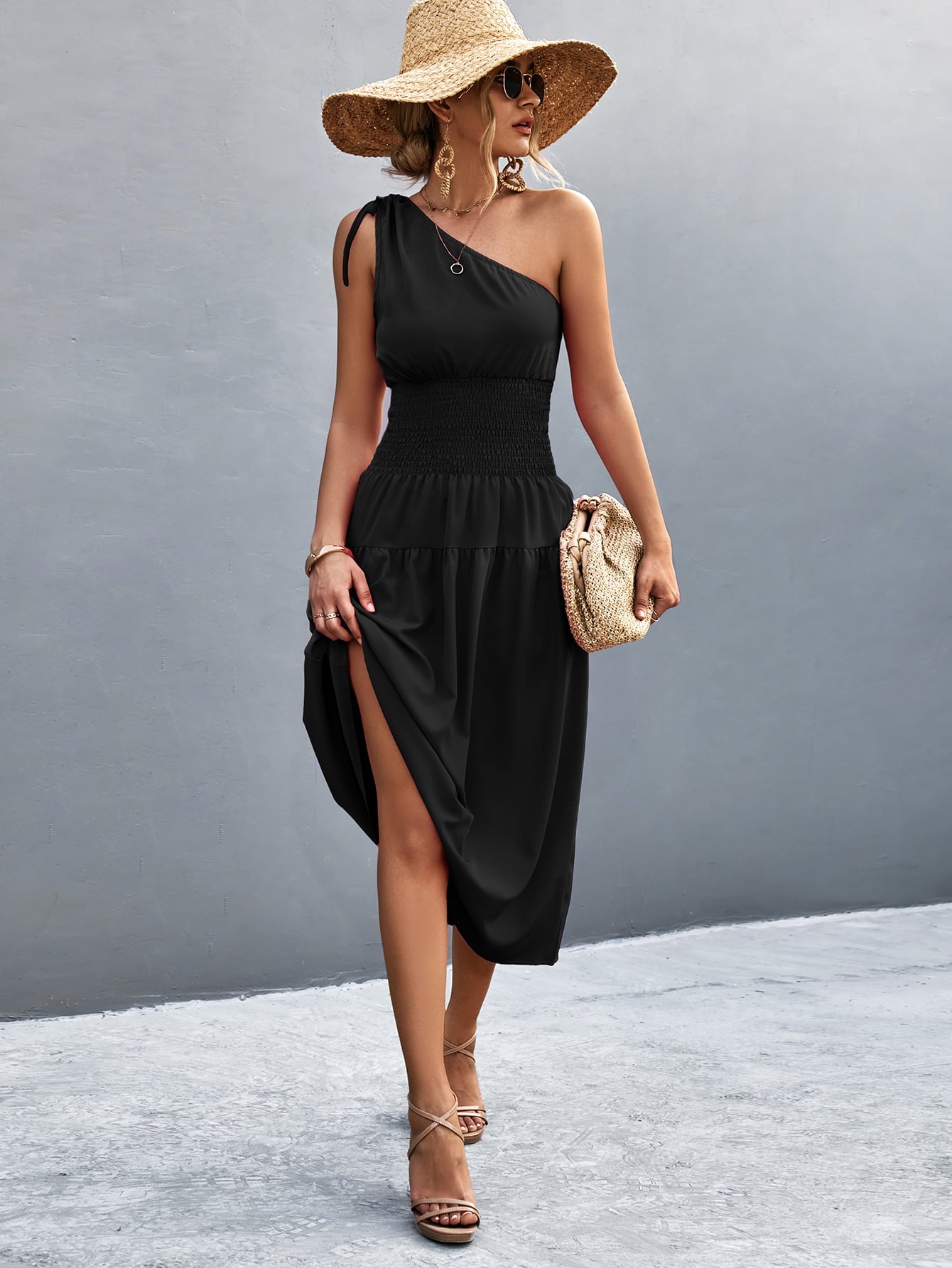 Asymmetrical One Shoulder Smocked Waist Midi Dress - Guy Christopher 