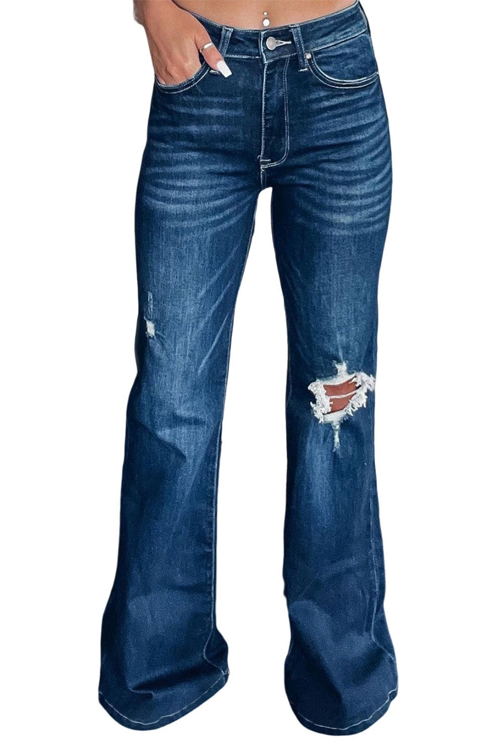 Asymmetrical Open Knee Distressed Flare Jeans - Walk on Clouds with the Ultimate Romantic Style and Unrestricted Movement. - Guy Christopher 