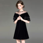 Autumn new women beaded mesh round neck velvet dress ostrich feather lotus leaf sleeve dresses - Guy Christopher