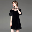 Autumn new women beaded mesh round neck velvet dress ostrich feather lotus leaf sleeve dresses - Guy Christopher