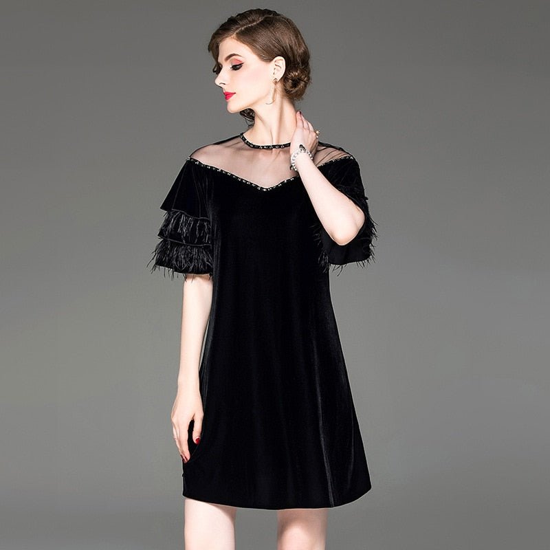 Autumn new women beaded mesh round neck velvet dress ostrich feather lotus leaf sleeve dresses - Guy Christopher