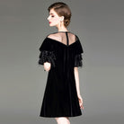 Autumn new women beaded mesh round neck velvet dress ostrich feather lotus leaf sleeve dresses - Guy Christopher