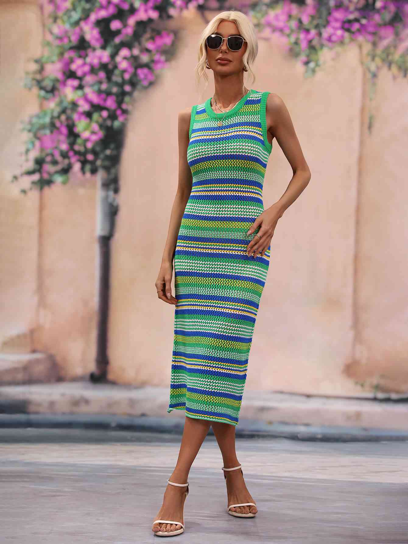 Striped Round Neck Sleeveless Midi Cover Up Dress - Guy Christopher 