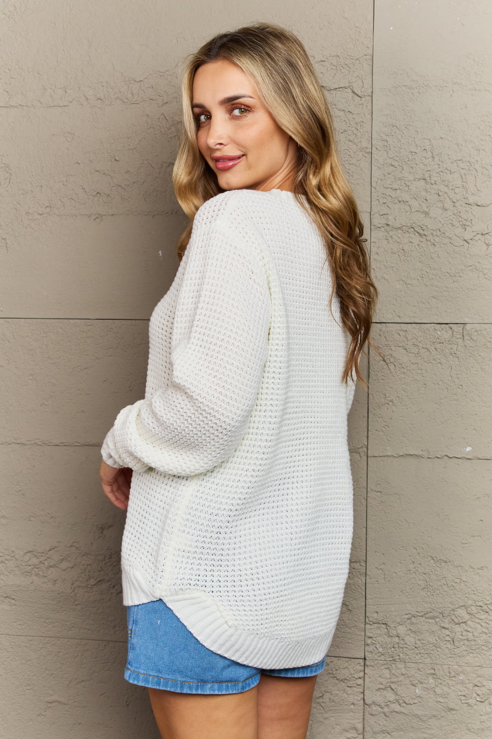 Zenana Cozy Season High Low Waffle Sweater Pullover in Ivory - Guy Christopher 