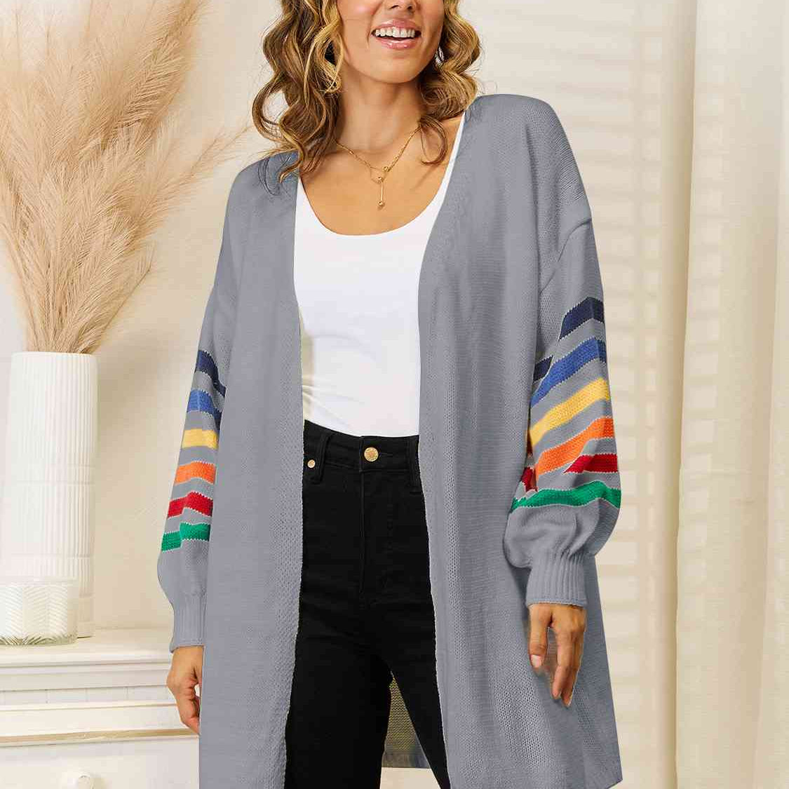 Striped Open Front Dropped Shoulder Cardigan - Guy Christopher 