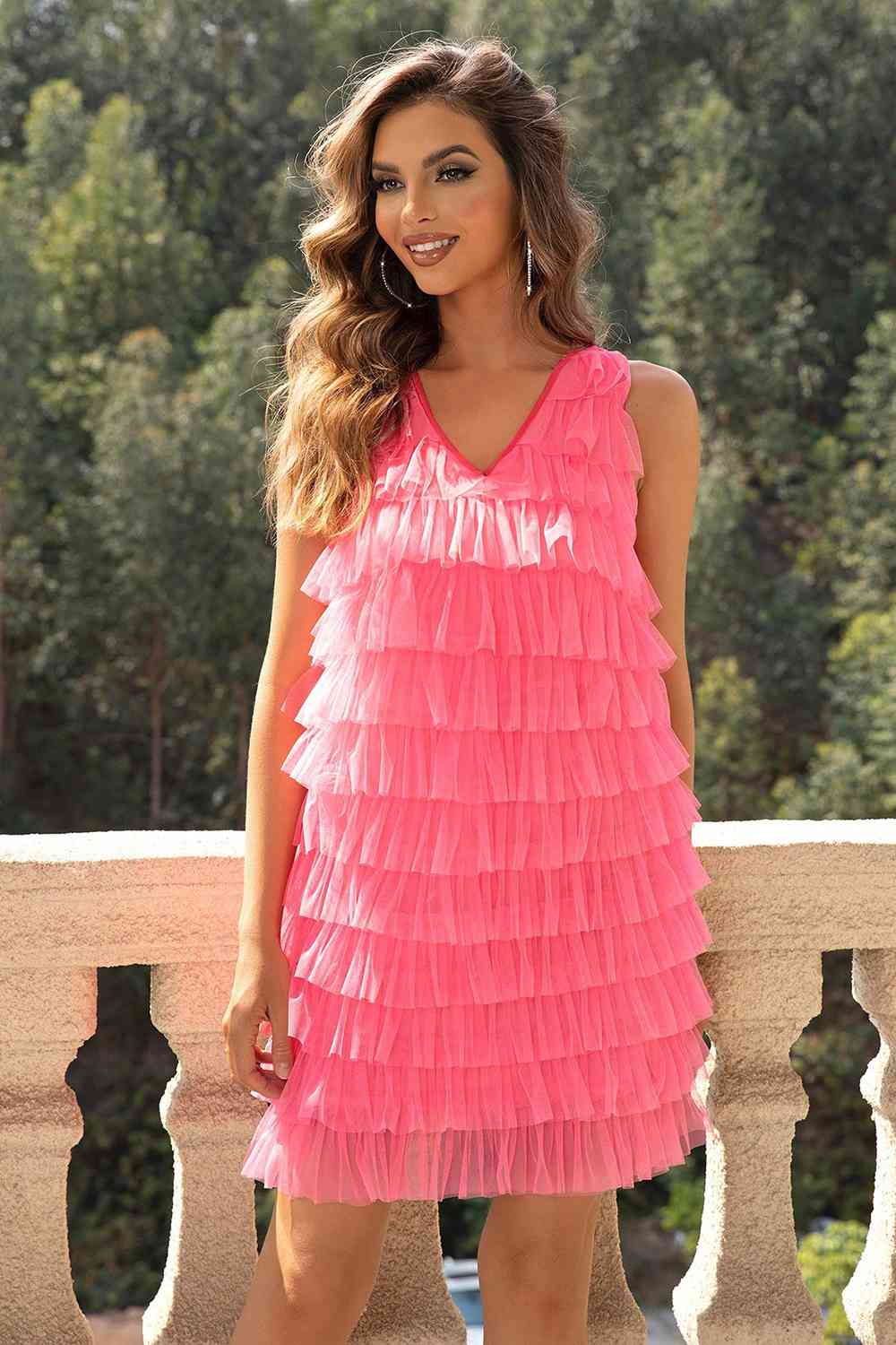 V-Neck Tiered Sleeveless Mesh Dress - Guy Christopher 