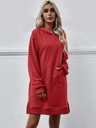 Slit Long Sleeve Hooded Dress with Pocket - Guy Christopher 