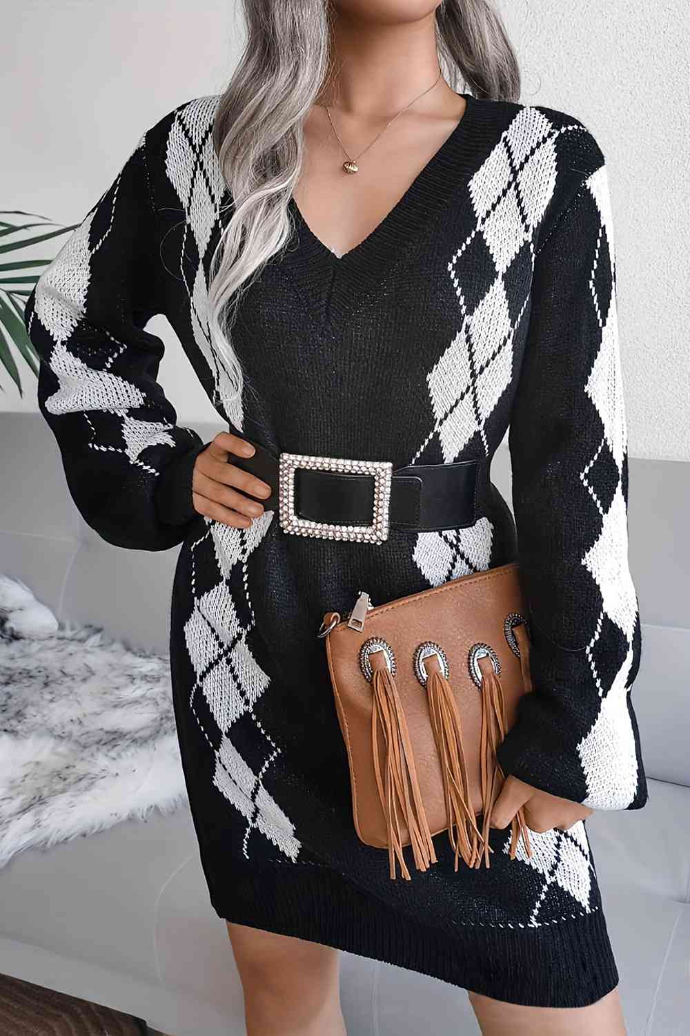 Geometric V-Neck Long Sleeve Sweater Dress - Guy Christopher 