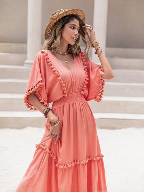 Tassel Trim Smocked V-Neck Short Sleeve Dress - Guy Christopher 