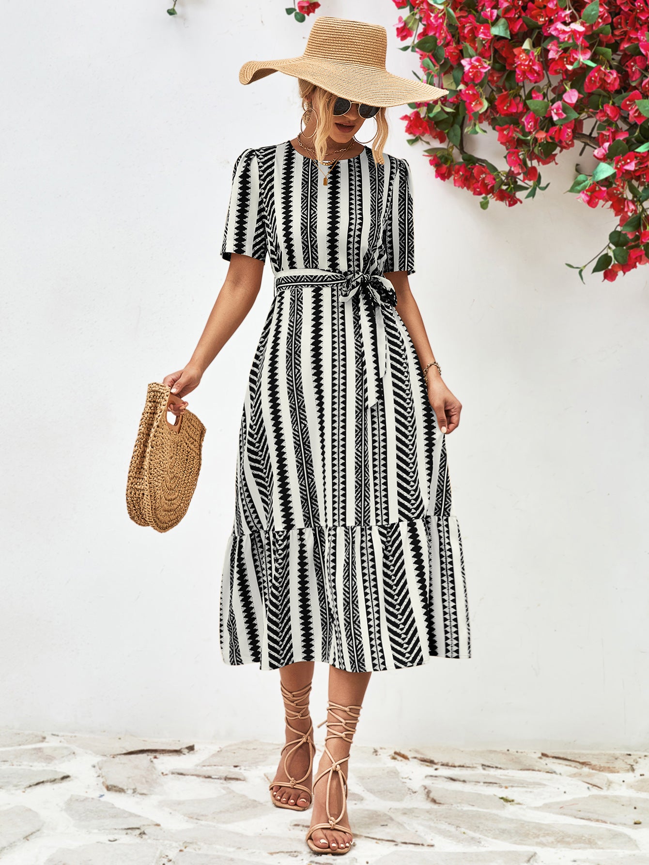 Striped Tie Belt Round Neck Puff Sleeve Dress - Guy Christopher 