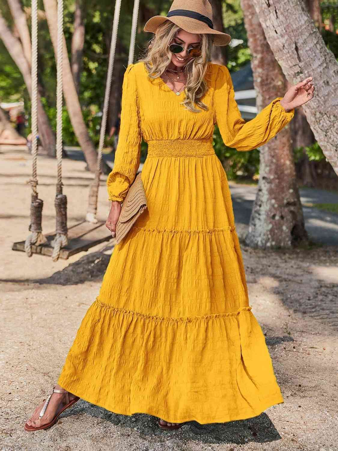 Smocked Waist V-Neck Maxi Dress - Guy Christopher 