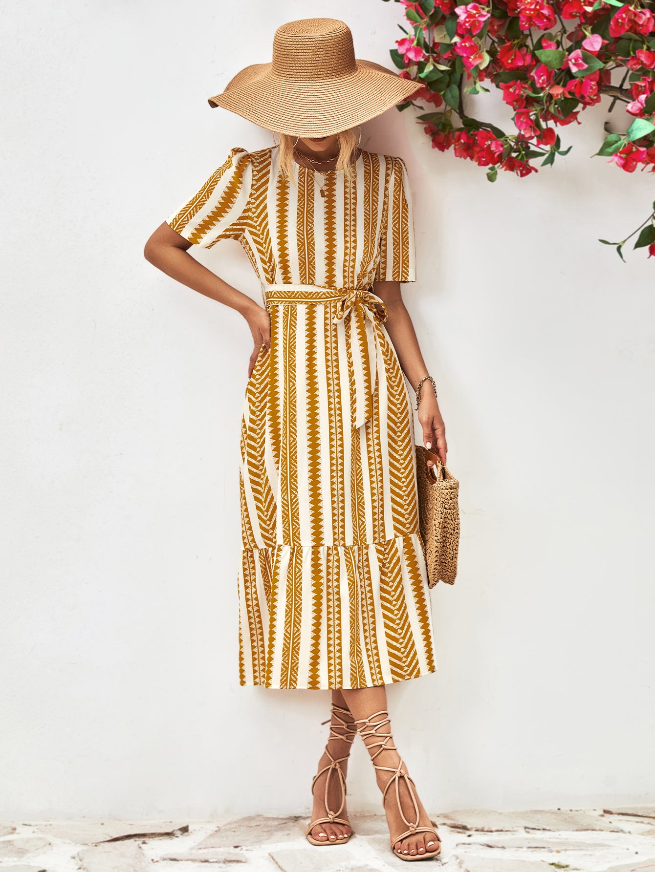 Striped Tie Belt Round Neck Puff Sleeve Dress - Guy Christopher 