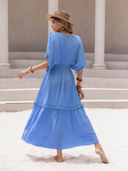 Tassel Trim Smocked V-Neck Short Sleeve Dress - Guy Christopher 