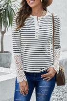 Striped Button-Up Lace Detail Long Sleeve Blouse - Guy Christopher 