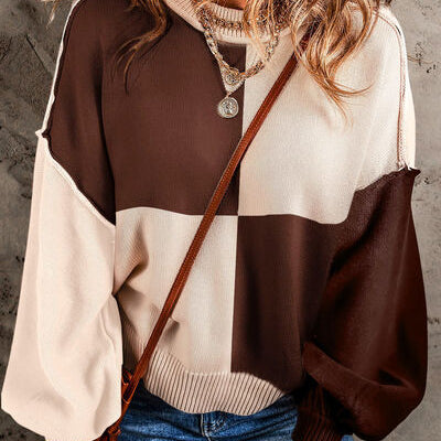 Color Block Exposed Seam Dropped Shoulder Sweater