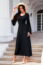 Tie Back Ribbed Round Neck Long Sleeve Dress - Guy Christopher 