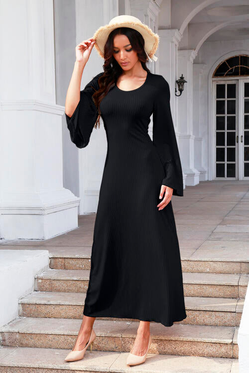 Tie Back Ribbed Round Neck Long Sleeve Dress - Guy Christopher 