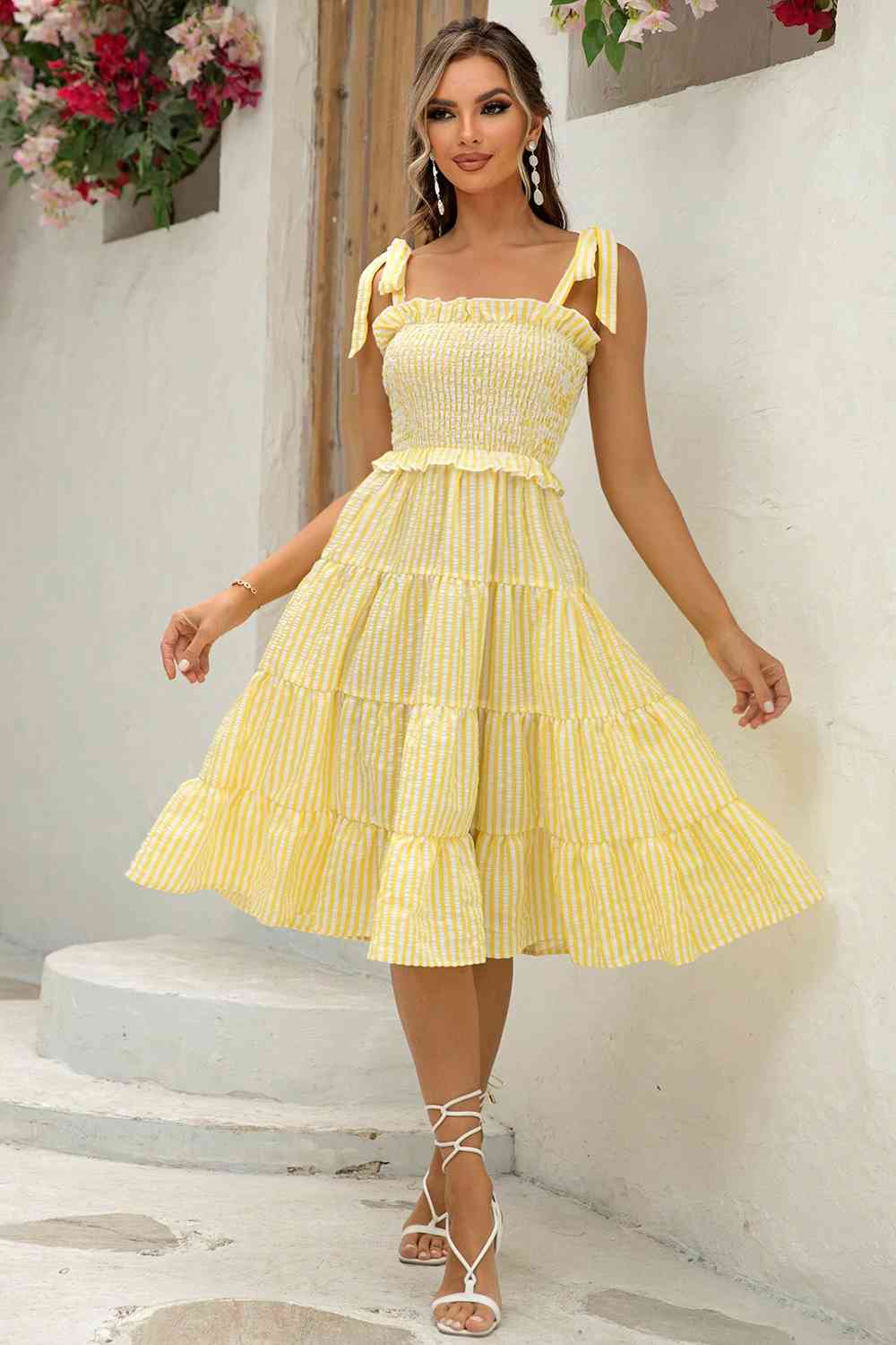 Striped Tie-Shoulder Tiered Dress - Guy Christopher 