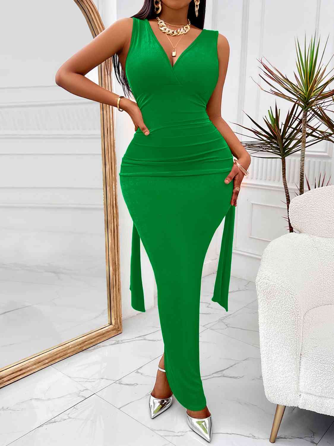 Backless Ruched Slit Maxi Dress - Guy Christopher