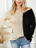Two-Tone V-Neck Long Sleeve Knit Top - Guy Christopher 