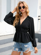 Balloon Sleeve Plunge Peplum Blouse - Guy Christopher