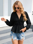 Balloon Sleeve Plunge Peplum Blouse - Guy Christopher