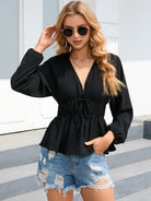 Balloon Sleeve Plunge Peplum Blouse - Guy Christopher