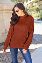 Basic Bae Full Size Ribbed Exposed Seam Mock Neck Knit Top - Guy Christopher