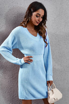 V-Neck Long Sleeve Rib-Knit Sweater Dress - Guy Christopher 