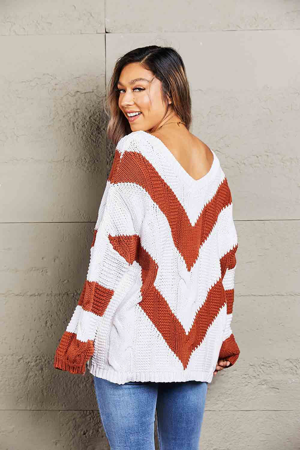 Woven Right Chevron Cable-Knit V-Neck Tunic Sweater - Guy Christopher 
