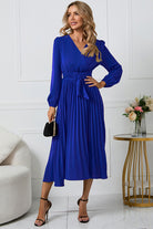 V-Neck Long Sleeve Tie Waist Midi Dress - Guy Christopher 