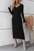 V-Neck Long Sleeve Ribbed Sweater Dress - Guy Christopher 