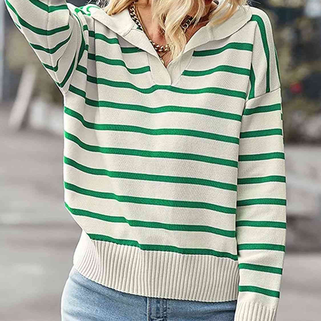 Striped Collared Neck Knit Top - Guy Christopher 