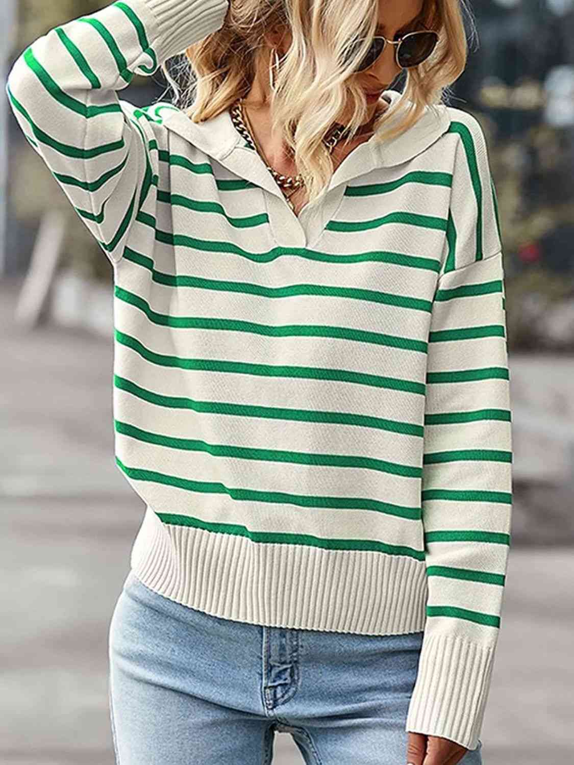 Striped Collared Neck Knit Top - Guy Christopher 