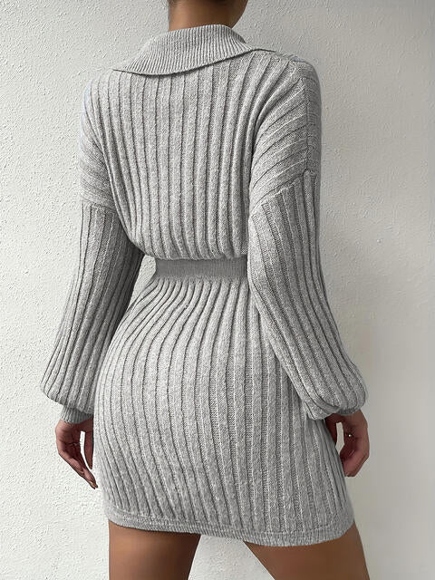 Ribbed Collared Neck Sweater Dress - Guy Christopher 