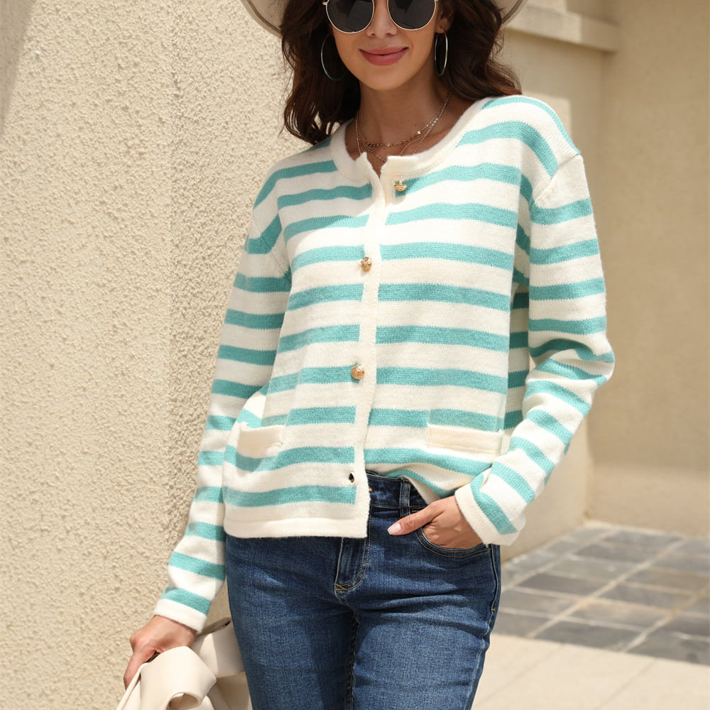 Striped Round Neck Button-Down Dropped Shoulder Cardigan - Guy Christopher 