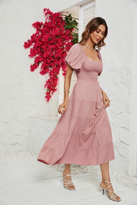 Smocked Square Neck Tiered Dress - Guy Christopher 