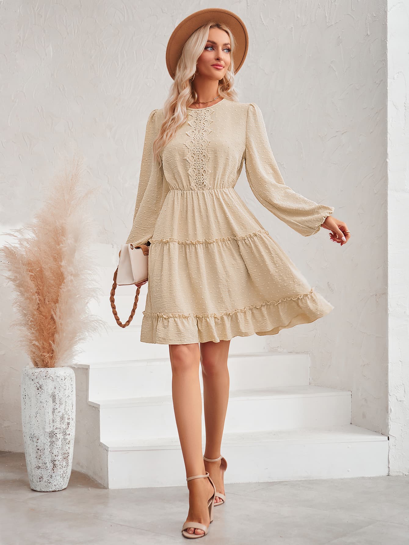 Swiss Dot Lace Trim Balloon Sleeve Dress - Guy Christopher 