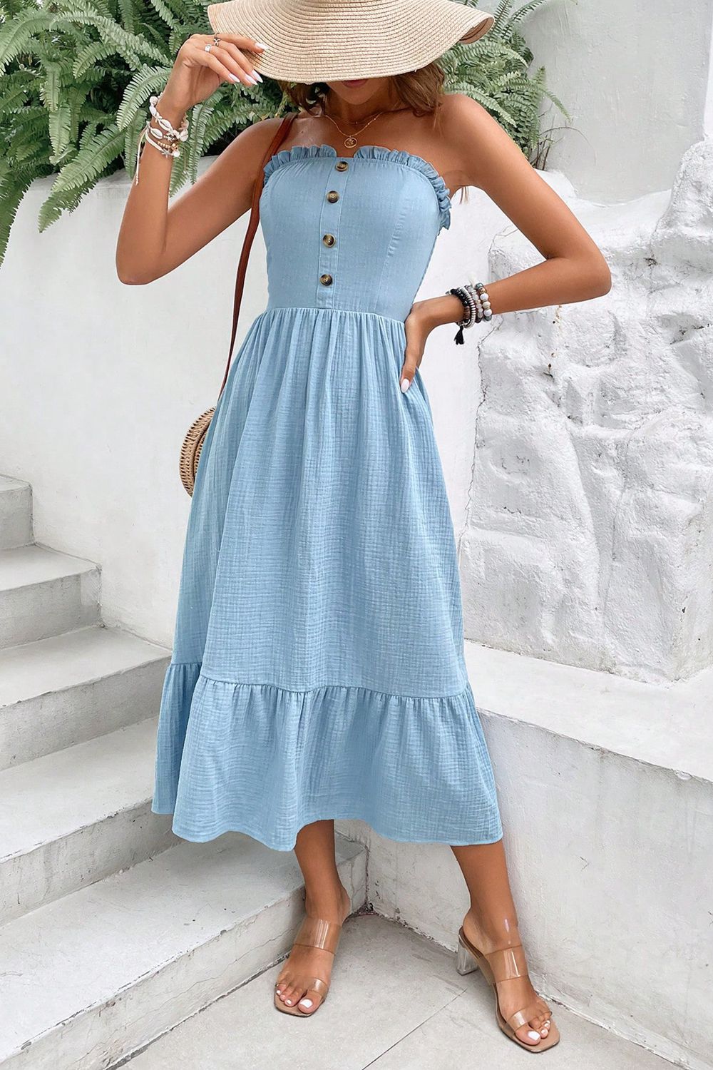 Sweetheart Neck Buttoned Sleeveless Midi Dress - Guy Christopher 