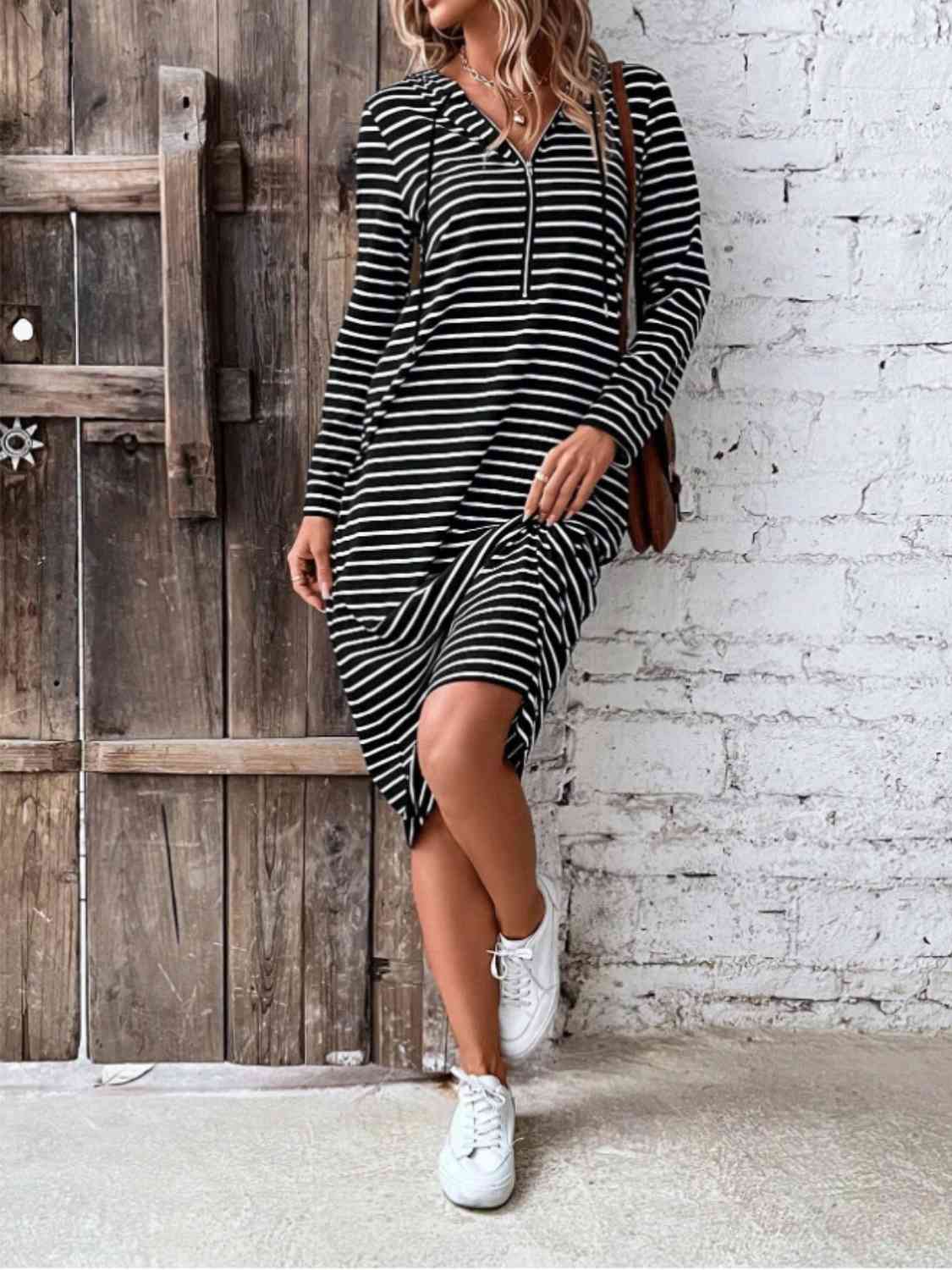 Striped Zip Front Hooded Dress - Guy Christopher 