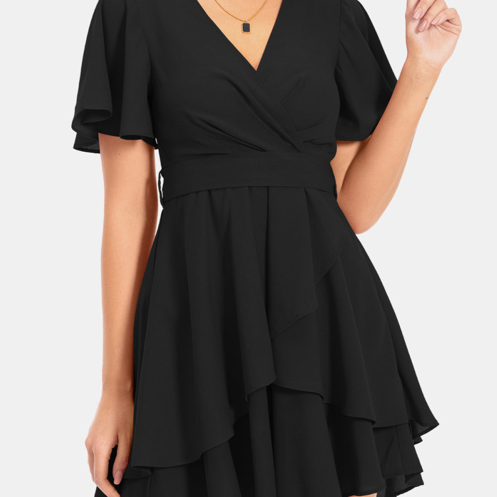 Surplice Neck Flutter Sleeve Dress - Guy Christopher 