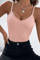 Beads Detail Spaghetti Straps Cable-Knit Cami - Guy Christopher 