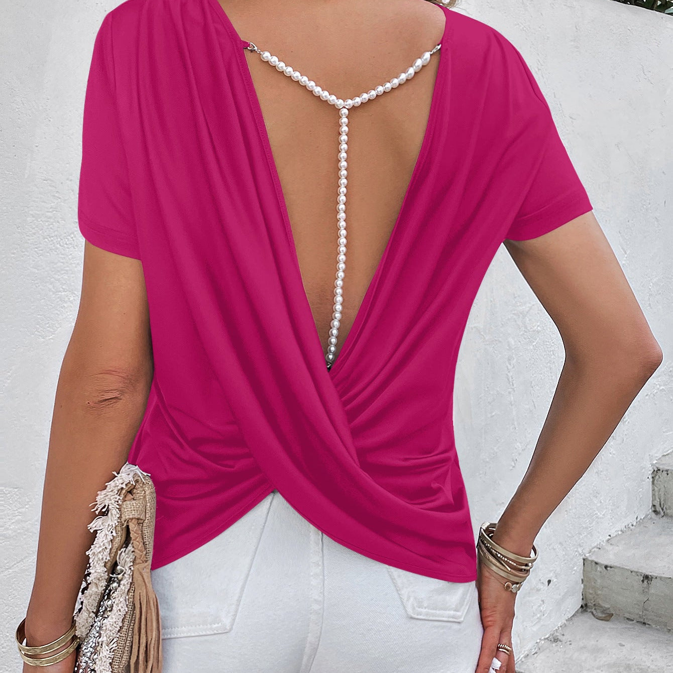 Beads Trim Back Twisted Blouse - Guy Christopher